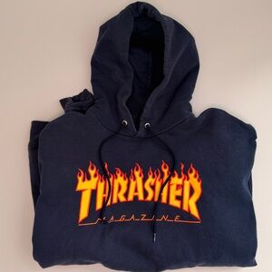 Thrasher Navy Hoodie with Flame Graphic